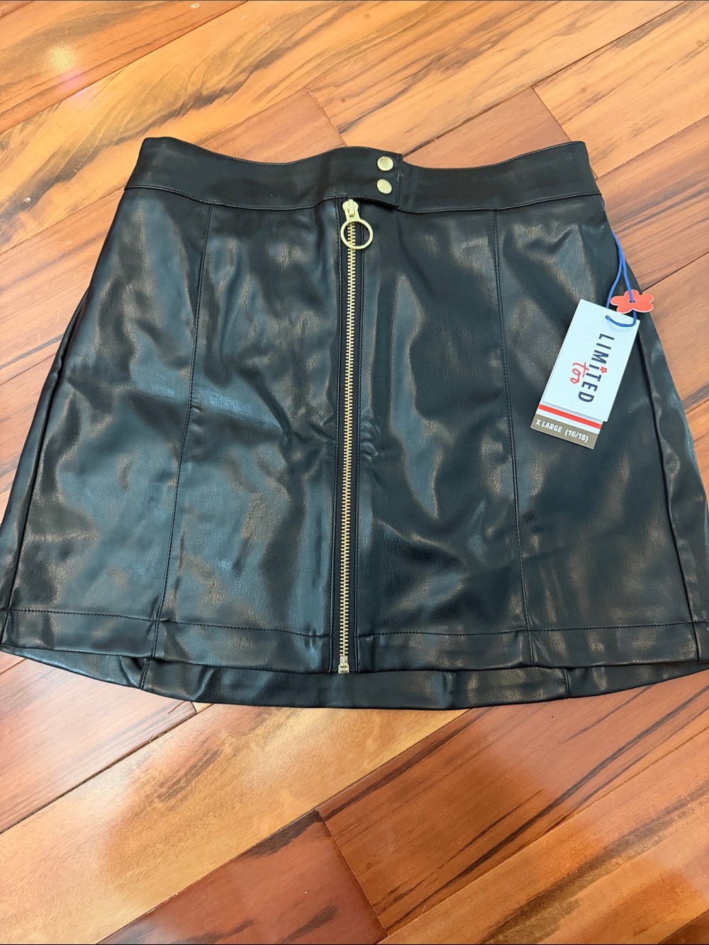 Limited Too Black Faux Leather Mini Skirt with Gold Front Zip
